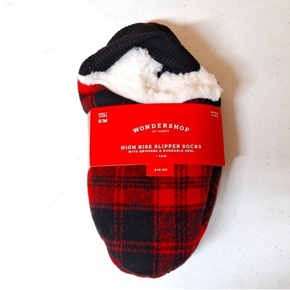 NWT Wondershop Adult Faux Shearling Slipper Socks Plaid Huggable Heel & Grip - Picture 2 of 5